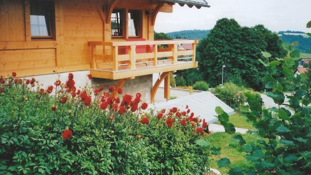 Uma cabana de madeira com varanda, rodeada por vegetação exuberante e flores vermelhas.