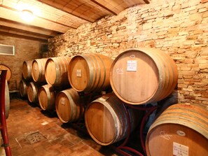 Wooden wine barrels stacked against a stone wall in a cellar. - Farmhouse in Todi With Pool & Theater Nearby (Todi)
