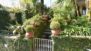 Un jardin agrémenté de plantes en pot, une porte en métal et un escalier menant à un bâtiment.