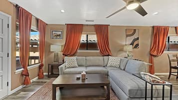 Smart TV, fireplace, Netflix, books