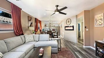 Smart TV, fireplace, Netflix, books