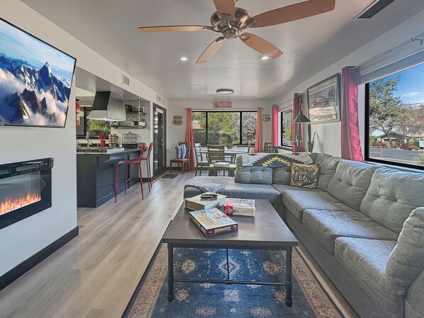 Smart TV, fireplace, books