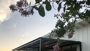 A covered outdoor seating area with chairs and tables, surrounded by flowering plants and a white building with large windows. - Modern Farmhouse - Close proximity to Southwest Austin wedding Venues (Austin)