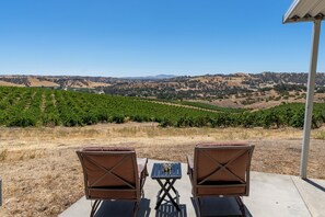 A patio with two chairs and a table overlooking a vineyard. - 2-bedroom vineyard house in lovely Paso Robles with WiFi, AC (Paso Robles)