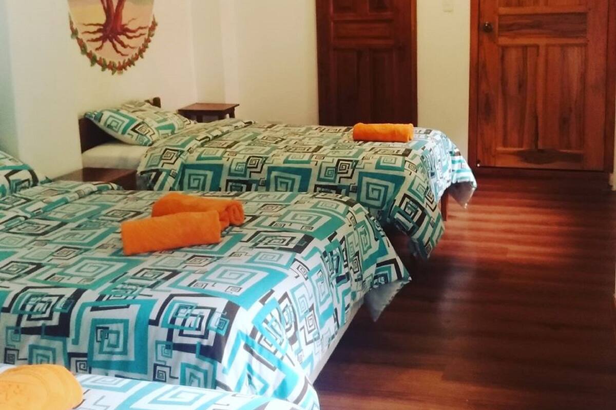 A room with two beds, each with patterned bedding and orange towels. There is a wooden door and a wall-mounted TV.