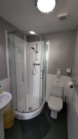 Un baño con ducha envuelta en vidrio, inodoro y lavabo.