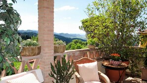 Une terrasse dotée de meubles en osier, de plantes en pot et offrant une vue sur les montagnes lointaines.