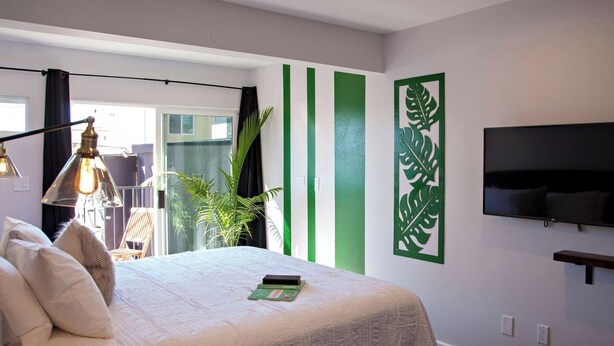 Un dormitorio con cama, televisor, ventana con cortinas, planta y decoración verde en la pared.