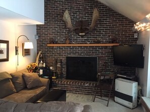 Smart TV, chimenea, libros y estéreo