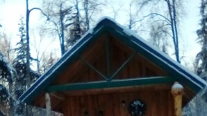 Una cabaña de madera con techo inclinado, una puerta principal y un ventanal pequeño.