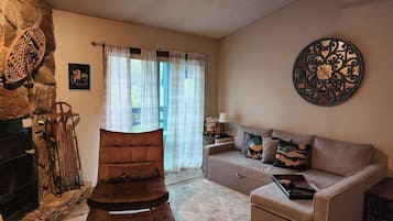 Smart TV, fireplace, DVD player, books