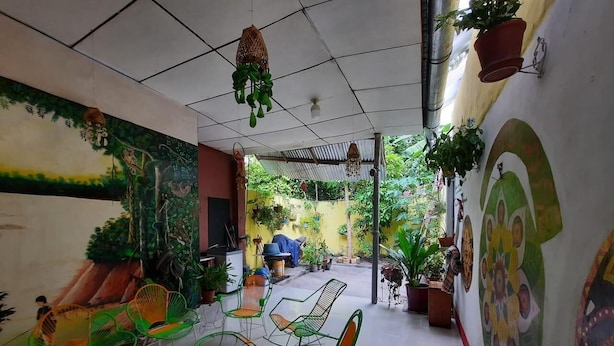 Un espacio al aire libre con techo, con sillas y mesas verdes, rodeado de plantas en macetas y un mural en la pared.