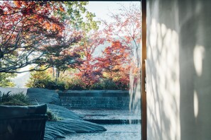 A view of a garden with a water feature and autumn foliage.