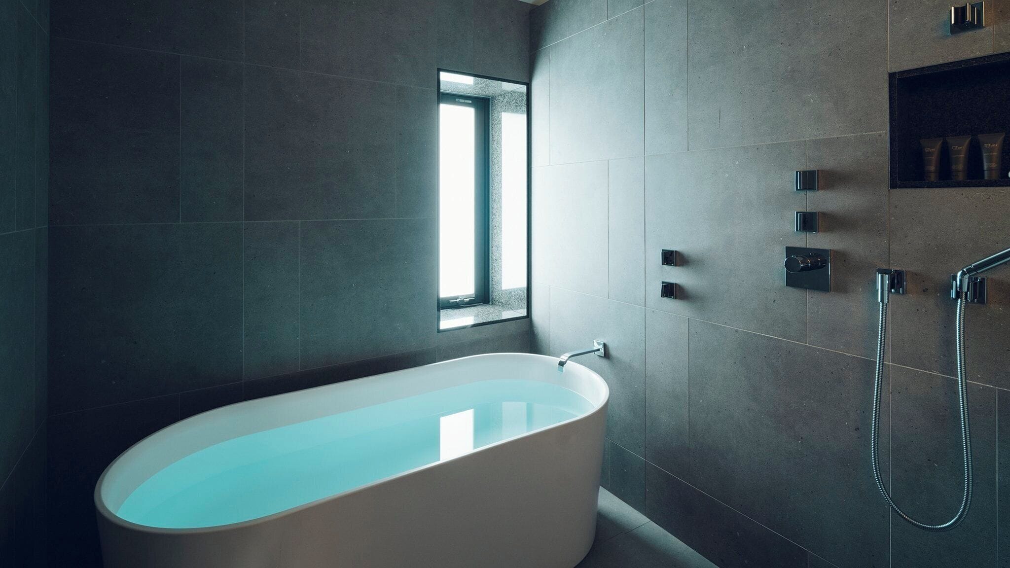 A modern bathroom with a freestanding bathtub, a window, and a built-in shower area.