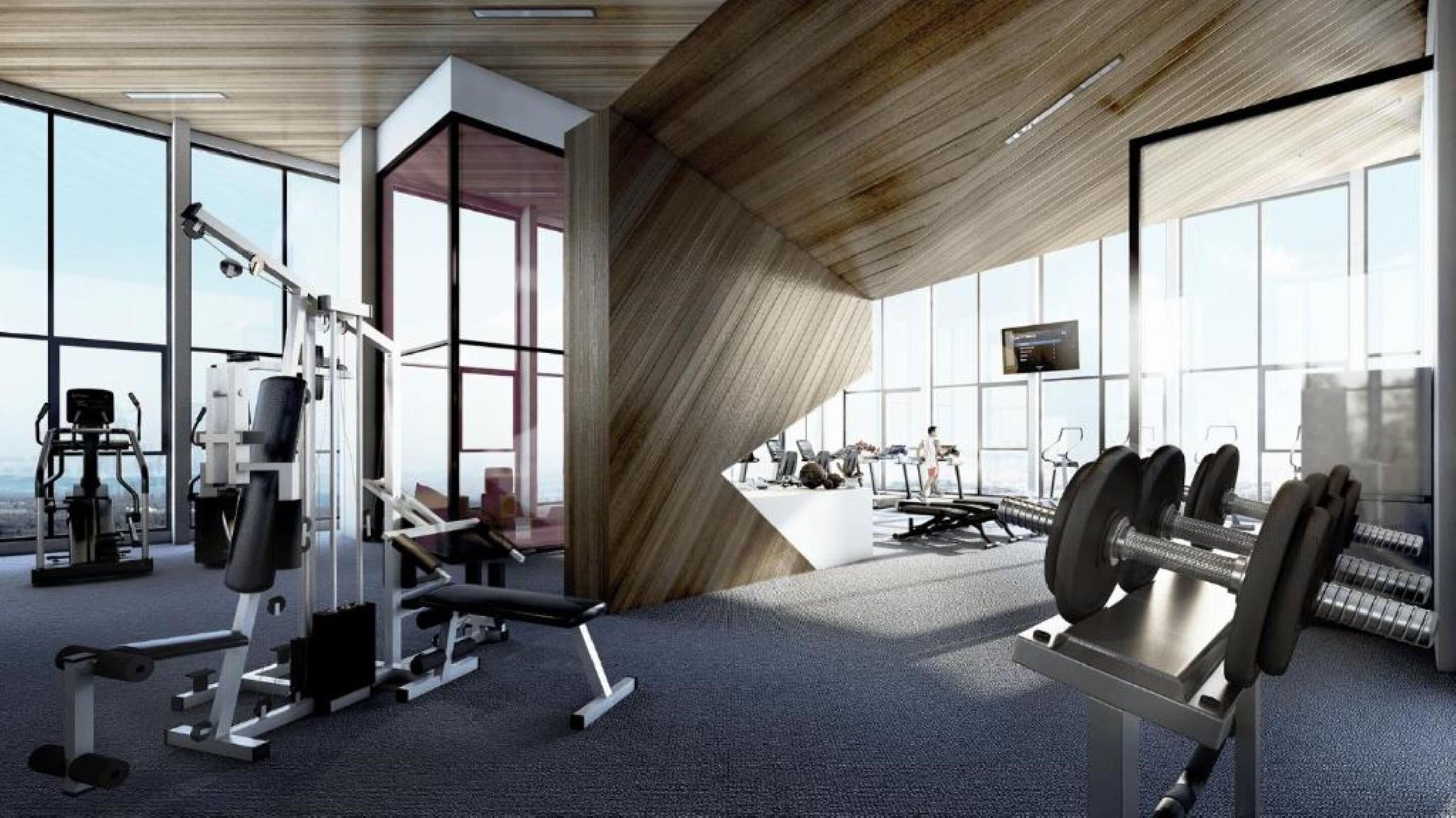 Uma academia moderna com diversos equipamentos de exercício, grandes janelas e um design de teto em madeira único.