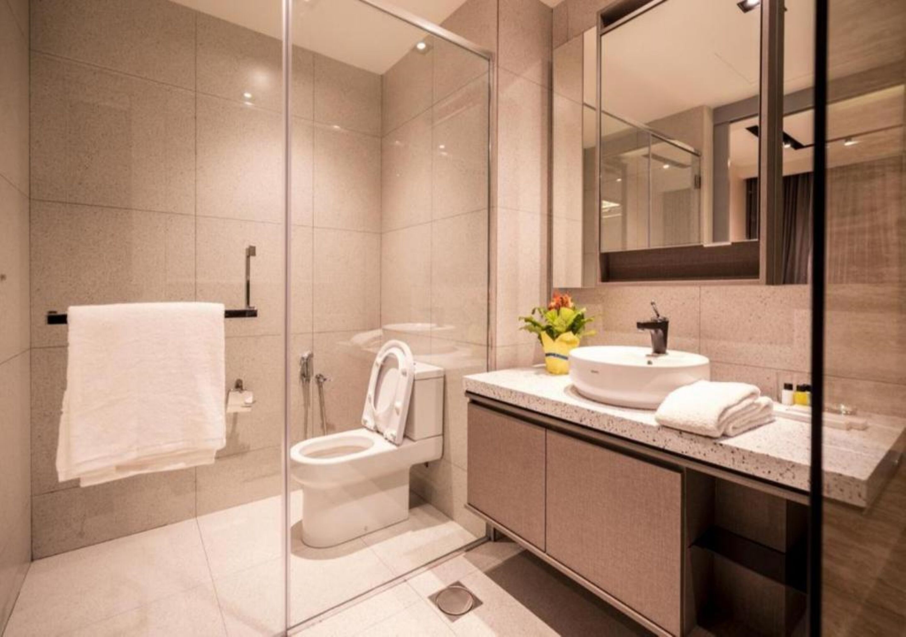 A modern bathroom with a glass shower enclosure, a toilet, a sink with a mirror, and a vanity with a towel rack.