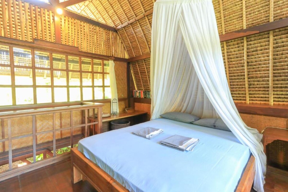A room with a bed, a window, and a curtain.