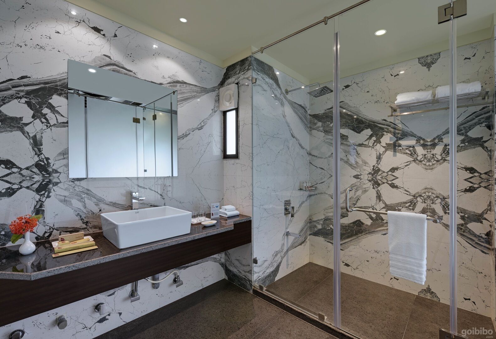 Een douche, een regendouche, gratis toiletartikelen, een bidet