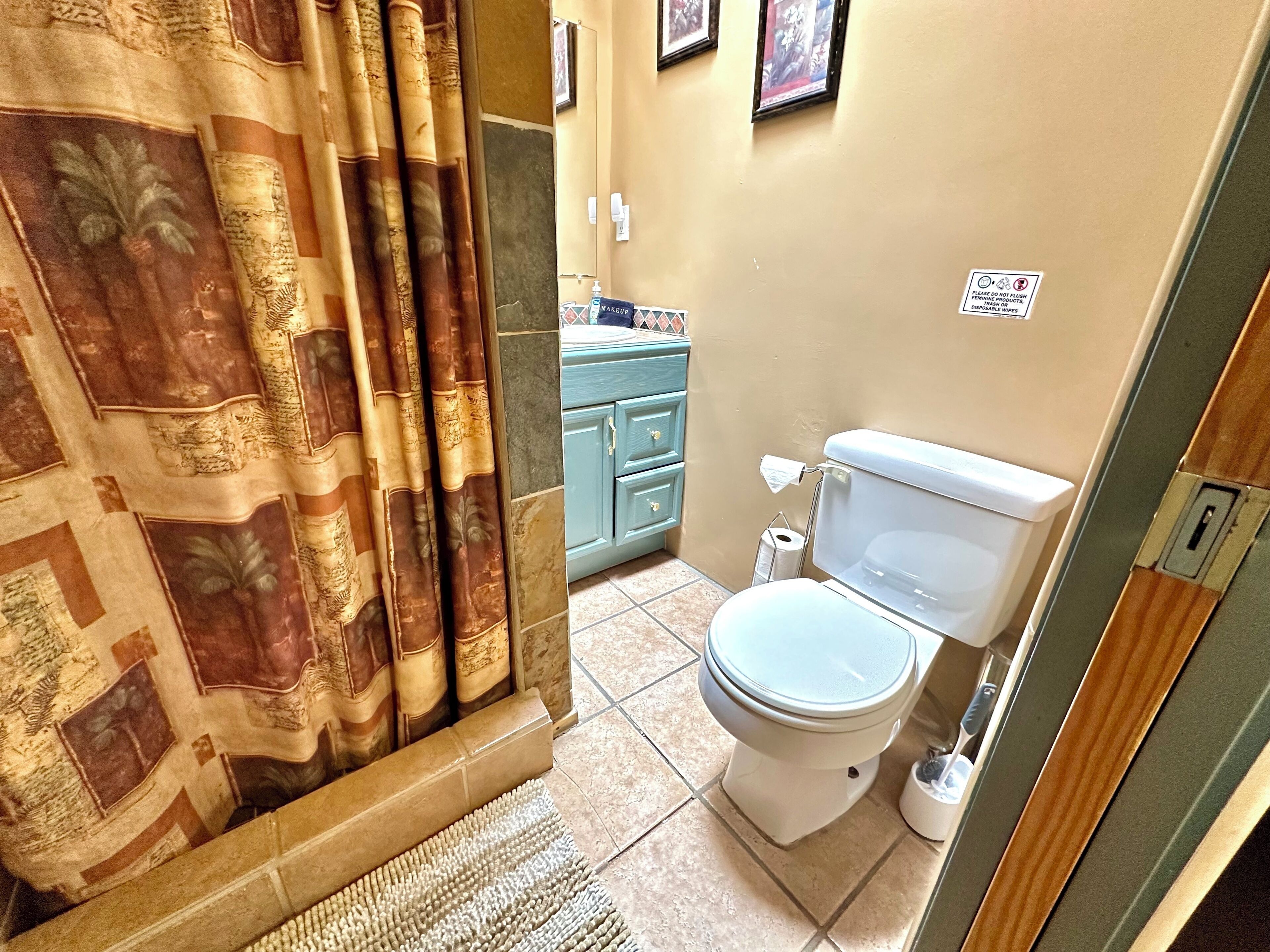 A bathroom with a toilet, a sink, and a shower curtain.