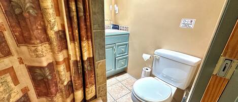 A bathroom with a toilet, a sink, and a shower curtain.
