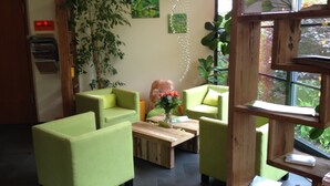 Un espace de vie aux couleurs vertes, comprenant un canapé, des fauteuils, une table basse et une bibliothèque.