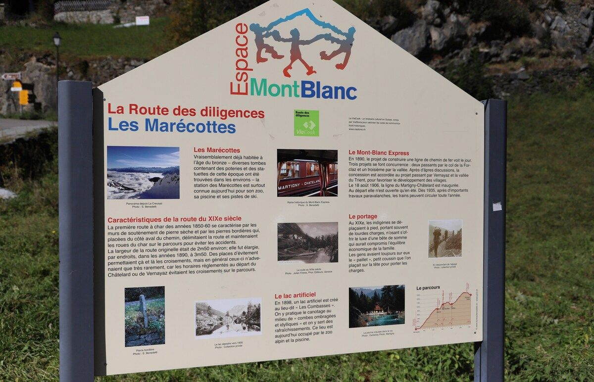 Un cartel con información sobre el macizo del Mont Blanc y la ruta de Marécottes.