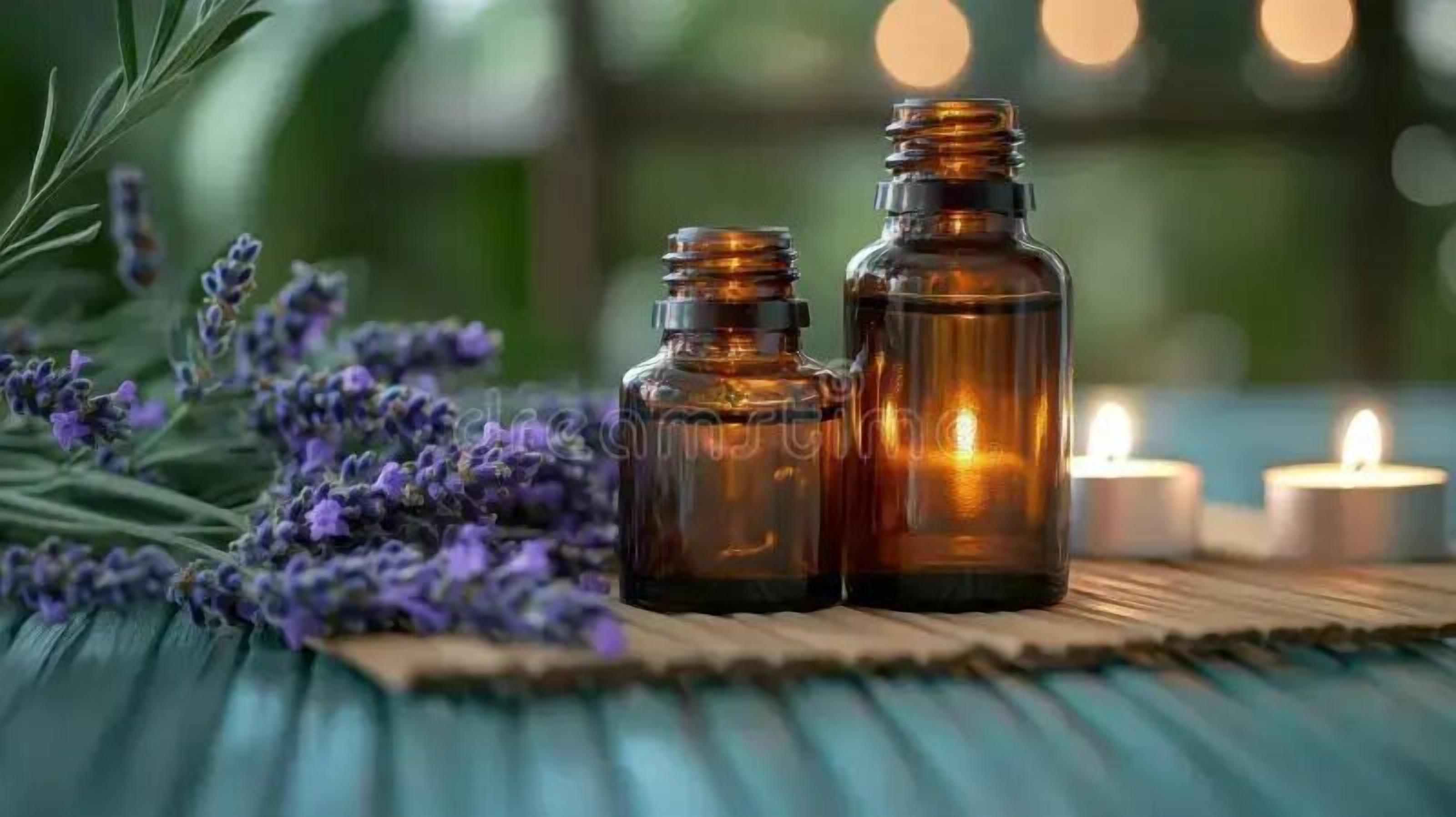 Trois bouteilles ambrées sur une surface en bois, avec de la lavande et des bougies.