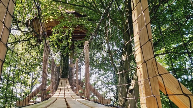 A suspension bridge with wooden planks and netting, surrounded by dense green foliage. - Le Domaine de Wail Legends Resort (Wail)