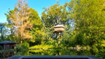 A birdhouse on a tree branch.