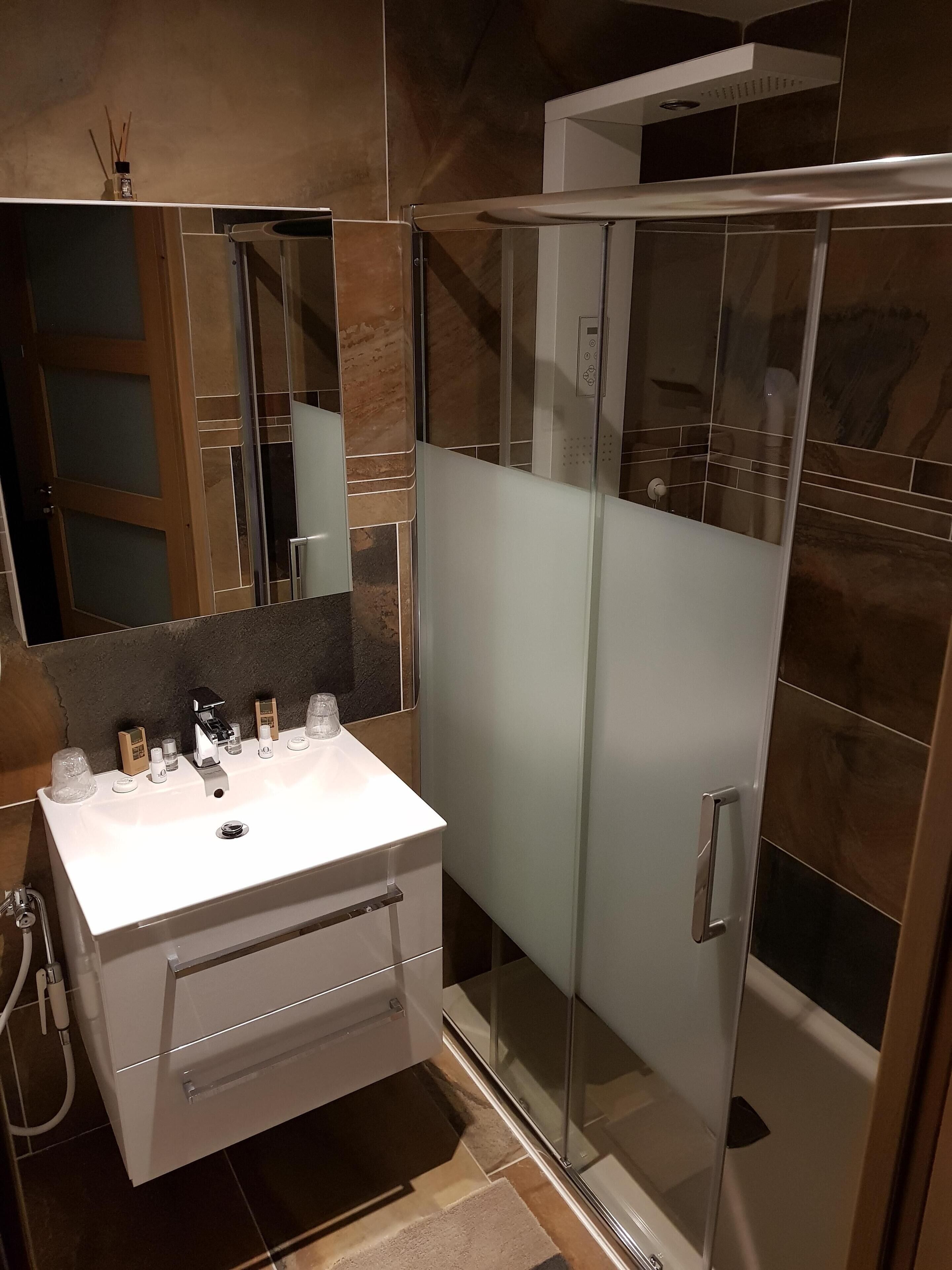 A modern bathroom with a glass-enclosed shower, a white vanity with a sink, and a large mirror.