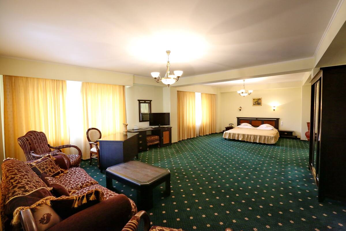 A hotel room with a green carpet, a bed, a desk with a television, a sofa, and a chair.