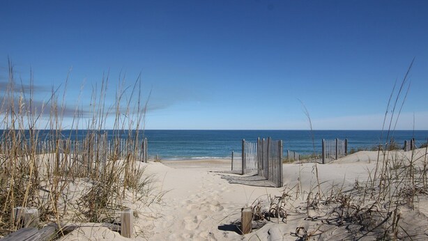 A sandy beach with wooden fences and sparse vegetation. - OCEANFRONT, Ocean views, screened porch, NP15-1, Pelican Dunes (Duck)