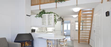 Departamento, 1 habitación, sauna, mezzanine (47 m2) | Área de sala de estar | Televisión de pantalla plana, chimenea y reproductor de DVD