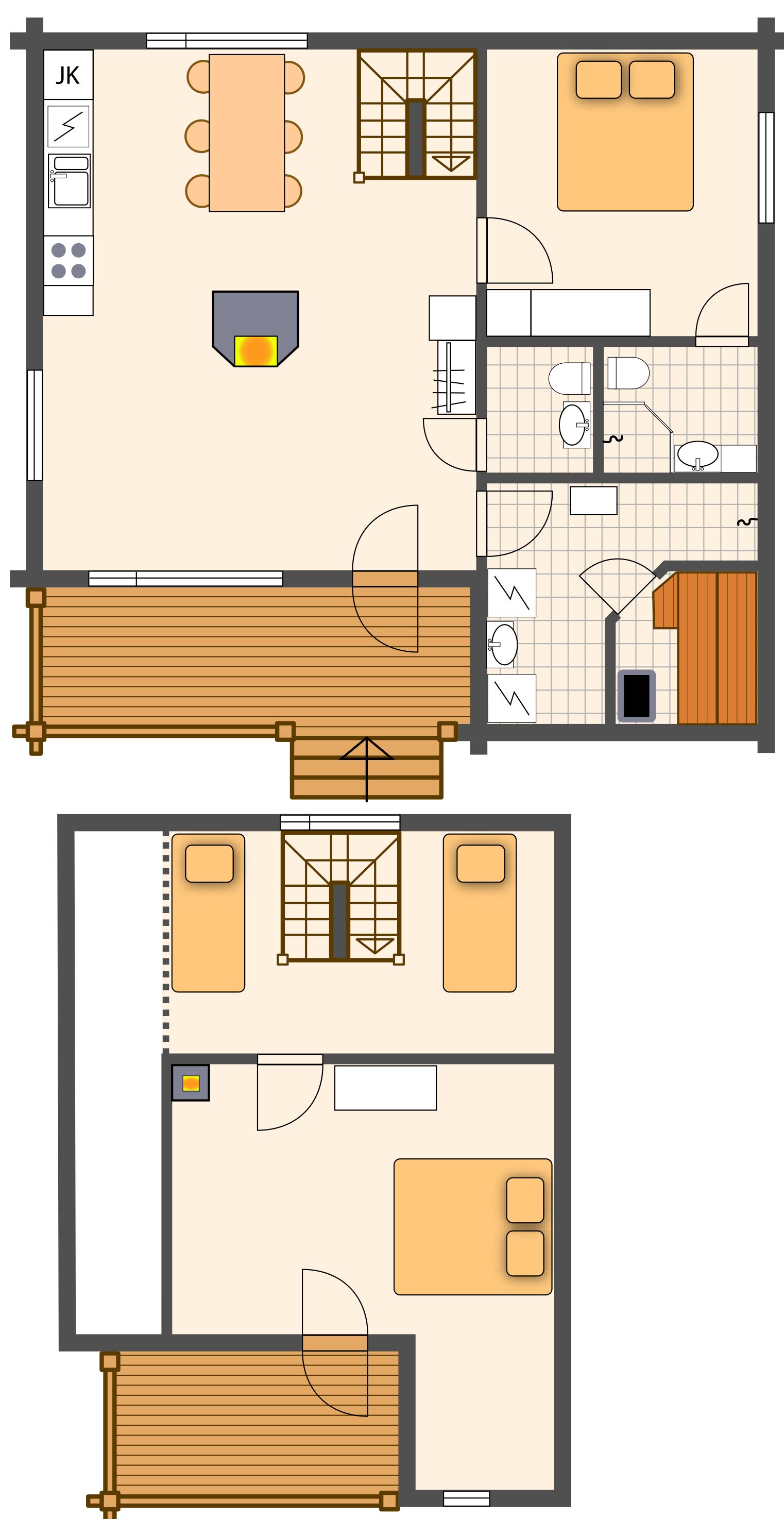 A hotel layout with a dining area, kitchen, two bedrooms, a bathroom, and a small outdoor area.