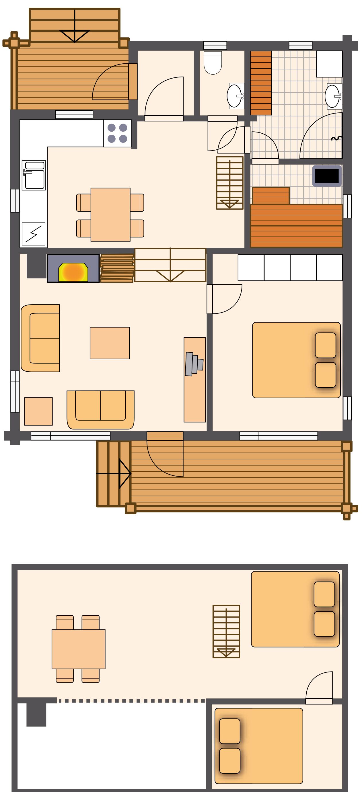 Un plan d’étage d’hôtel comprenant plusieurs chambres, une cuisine, un coin repas et une salle de bain.