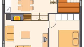 Un plan d’étage d’hôtel comprenant plusieurs chambres, une cuisine, un coin repas et une salle de bain.