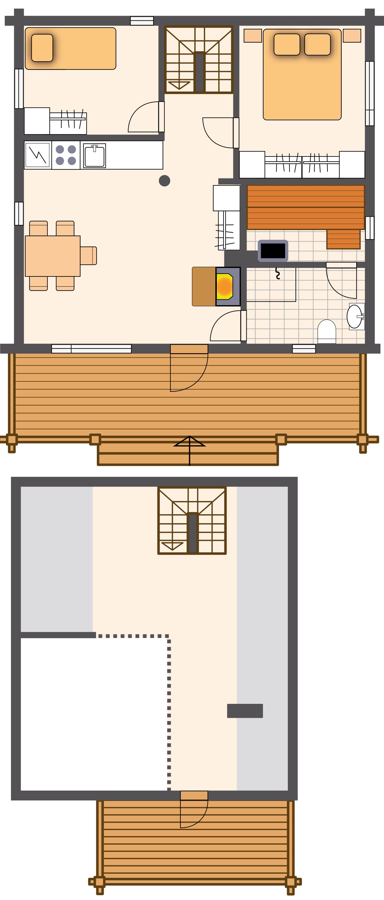 A floor plan of a hotel with a dining area, kitchen, two bedrooms, a bathroom, and a balcony.