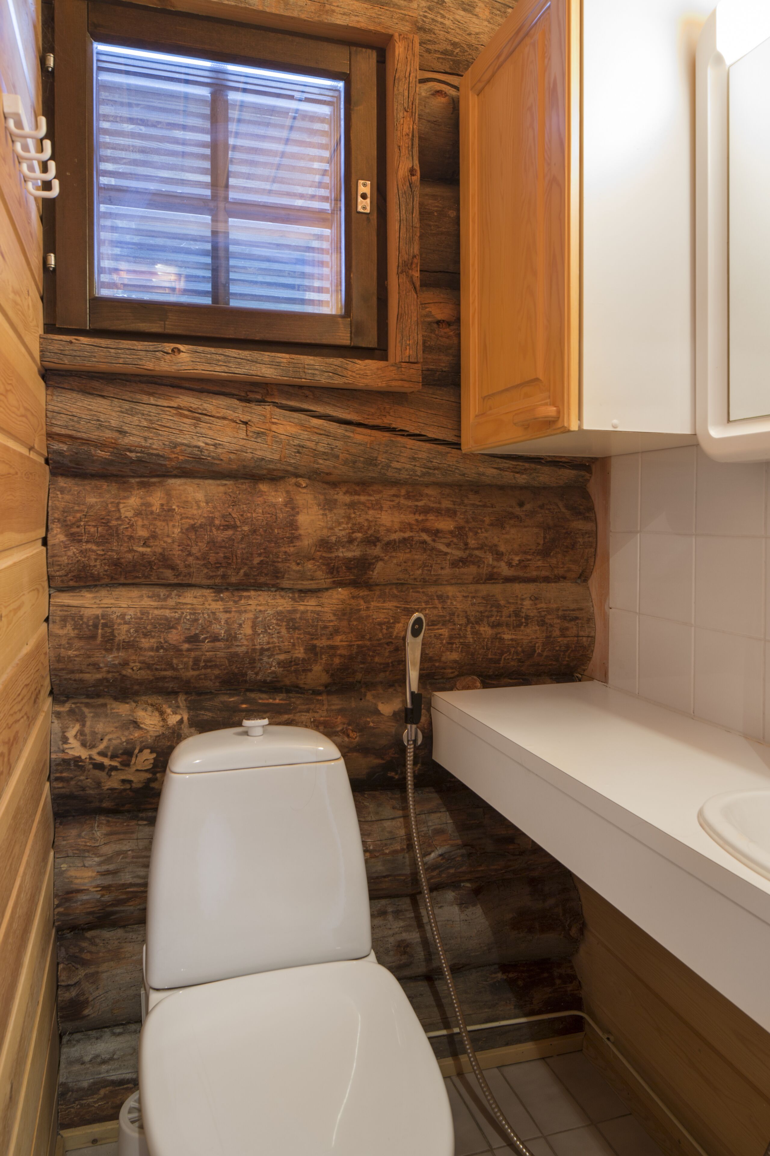 A compact bathroom with a wooden log wall, a window, a toilet, and a sink.