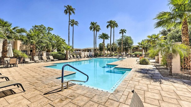 A pool area with lounge chairs, palm trees, and a clear blue sky. - Phoenix Group Getaway, 3 Mi to State Farm Stadium! (Phoenix)