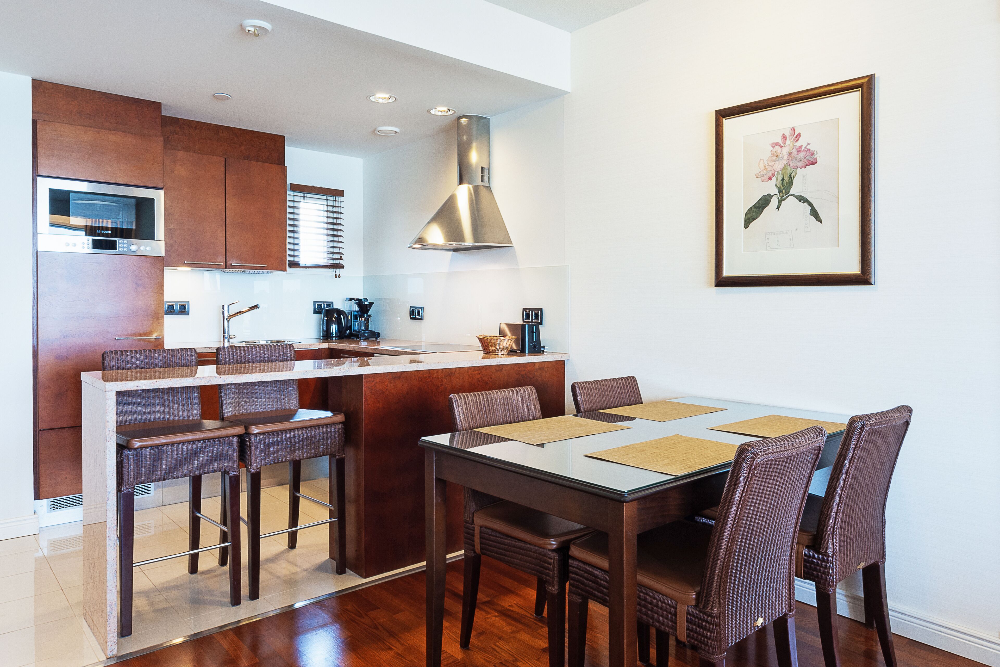 Fridge, microwave, cleaning supplies