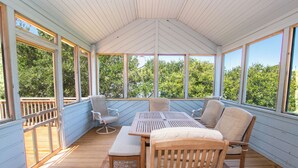 En overdækket terrasse med et træbord og stole, store vinduer og udsigt til træer.