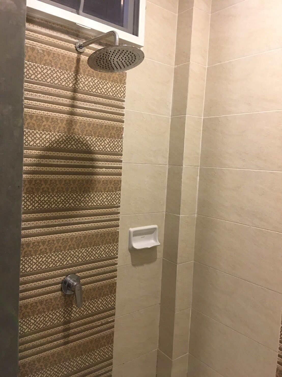 Una ducha con un revestimiento de pared estampado y otra pared con azulejos lisos.