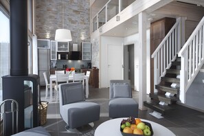 Apartment, Sauna, Mezzanine (55.5 m2) | Living area | Flat-screen TV, fireplace, DVD player - Holiday Club Himos Apartments (Jamsa)