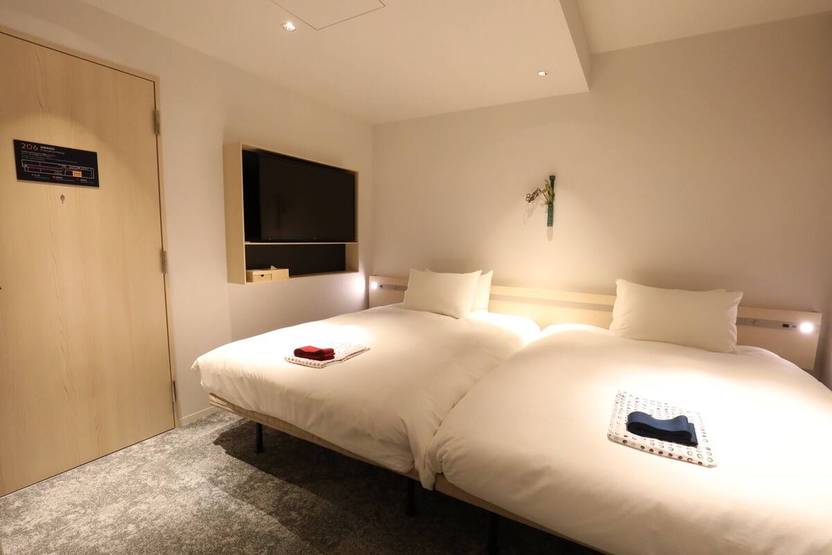 A hotel room with two beds, a wooden door, a flat-screen TV mounted on the wall, and a small plant on the wall.
