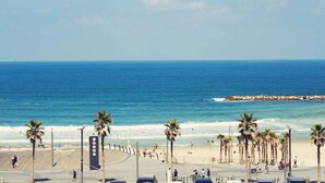 A beachside view with palm trees, a promenade, and the ocean. - Luminous & Cozy 2BR — Your Stylish Urban Retreat (Tel Aviv-Yafo)