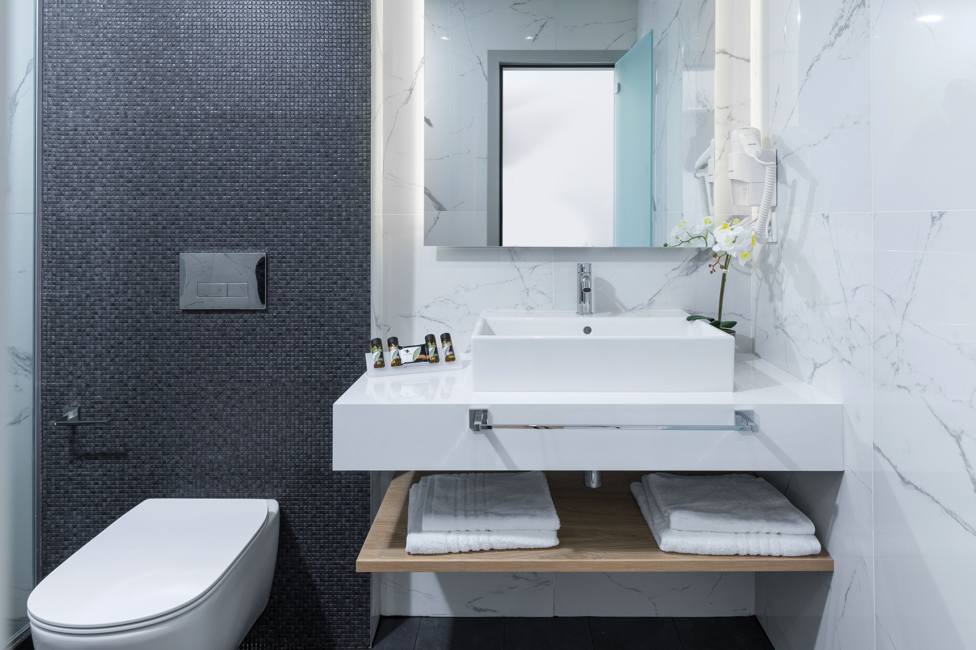 shower, free toiletries, hair dryer, towels