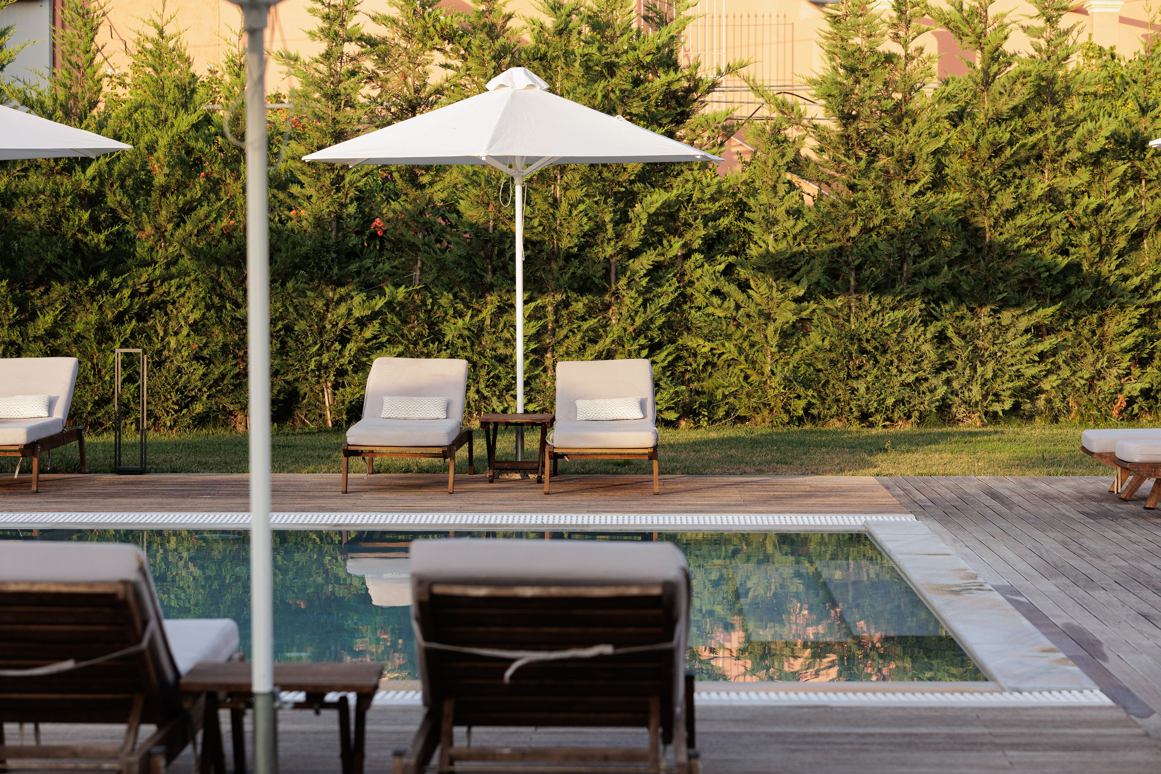 Un espace aménagé au bord de la piscine, avec des chaises longues et des parasols, entouré de verdure.