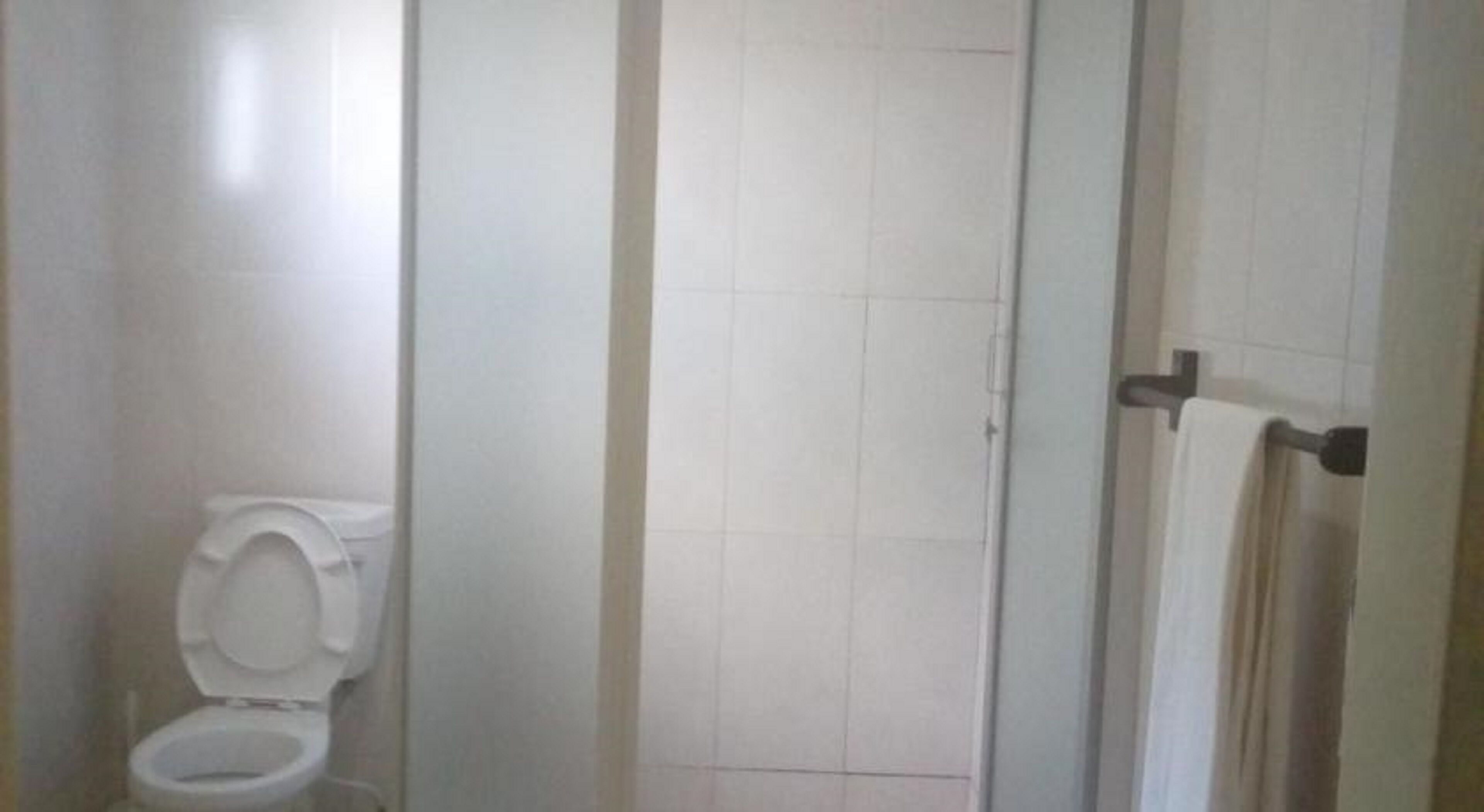 A bathroom with a toilet, a shower area, and a towel rack.