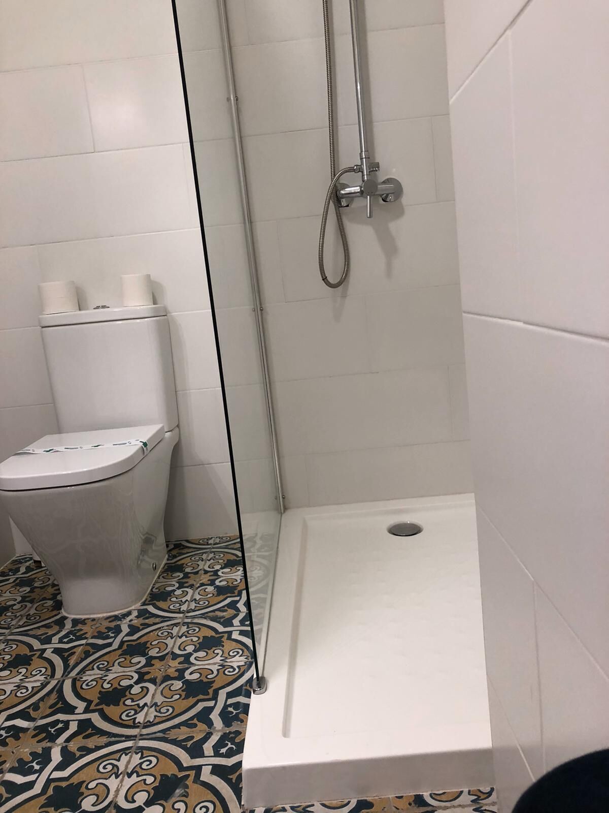 Casa de banho com sanita, chuveiro e ladrilhos estampados.