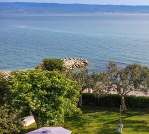 A coastal view with a grassy area, a stone structure, and a tree.